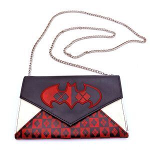 DC Comics Harley Quinn Red Black Diamond Bat Chain Wallet Clutch Purse
